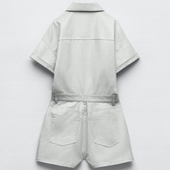 Zara Short Denim Romper Lapel Collar Pockets Shiny Jean Short Sleeve Bloggers XS - Picture 3 of 5